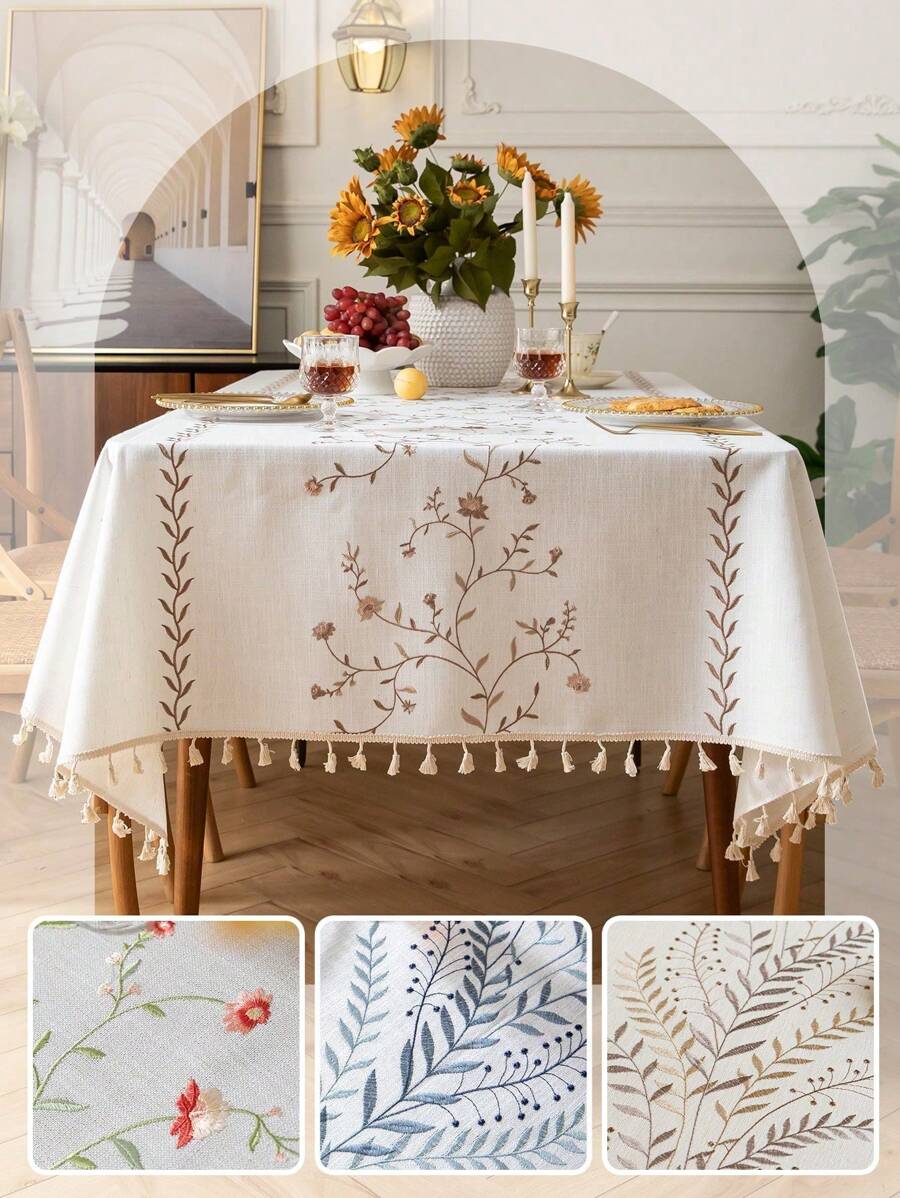 1 Stück wasserfeste rechteckige Tischdecke mit delikater 3D-Stickerei und Quastenverzierung, geeignet für Wohnzimmer, Esszimmer, Restaurant, Hotel