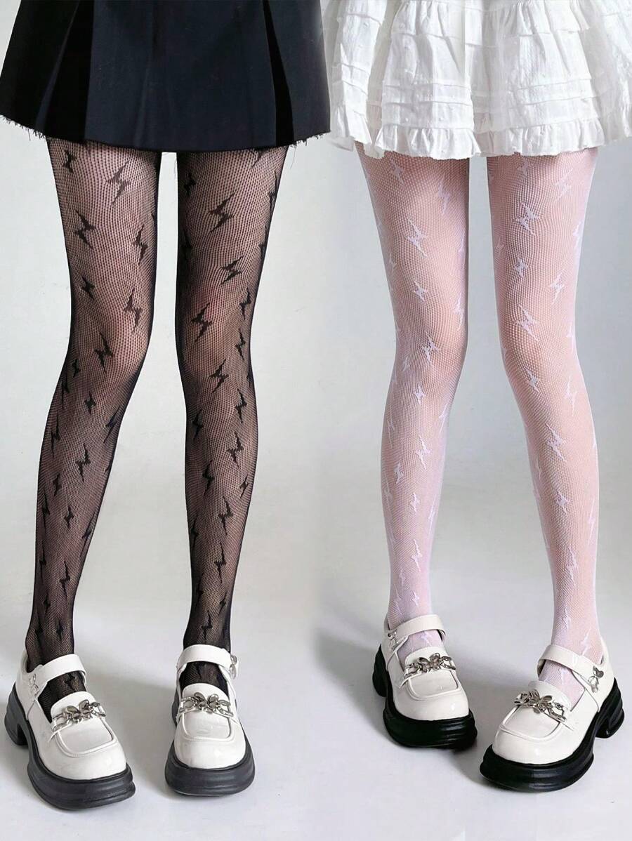 1 pieza Medias de rejilla con diseño de rayo para mujeres, pantis de malla jacquard fina, de cuadrícula hueca y transpirable, estilo ajustado sexy y oscuro, adecuado para primavera y otoño