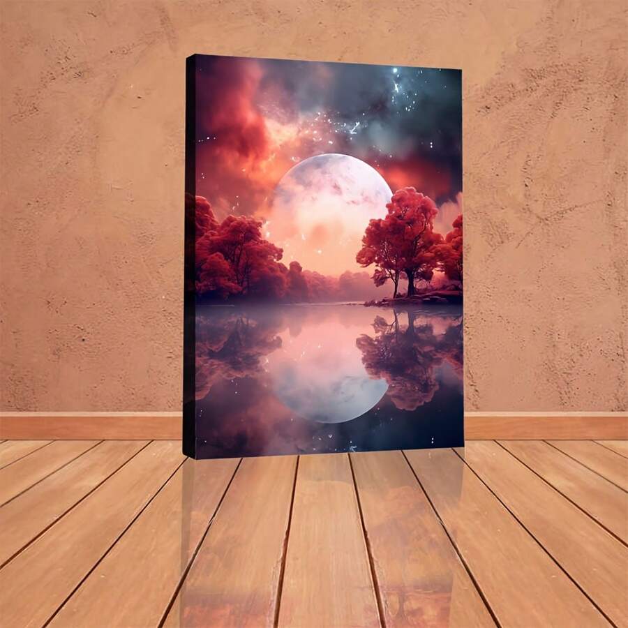 Dreamy Forest Moon River Ideal Gift For Bedroom Living Room Hallway, Mural, Wall Decoration, Room Decoration,Room Ready To Hang Wrapped Canvas With Frame,Can Be Hung