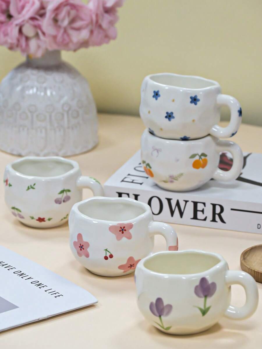 1pc Handmade Ceramic Mug, Asymmetrical Hand-Painted Cute Pattern, Flower Decor Mug, Everyday Drinkware For Office & Home, Suitable For Afternoon Tea, Coffee, Breakfast Oatmeal & Milk, Great Gift For Holidays & Birthdays Back To School