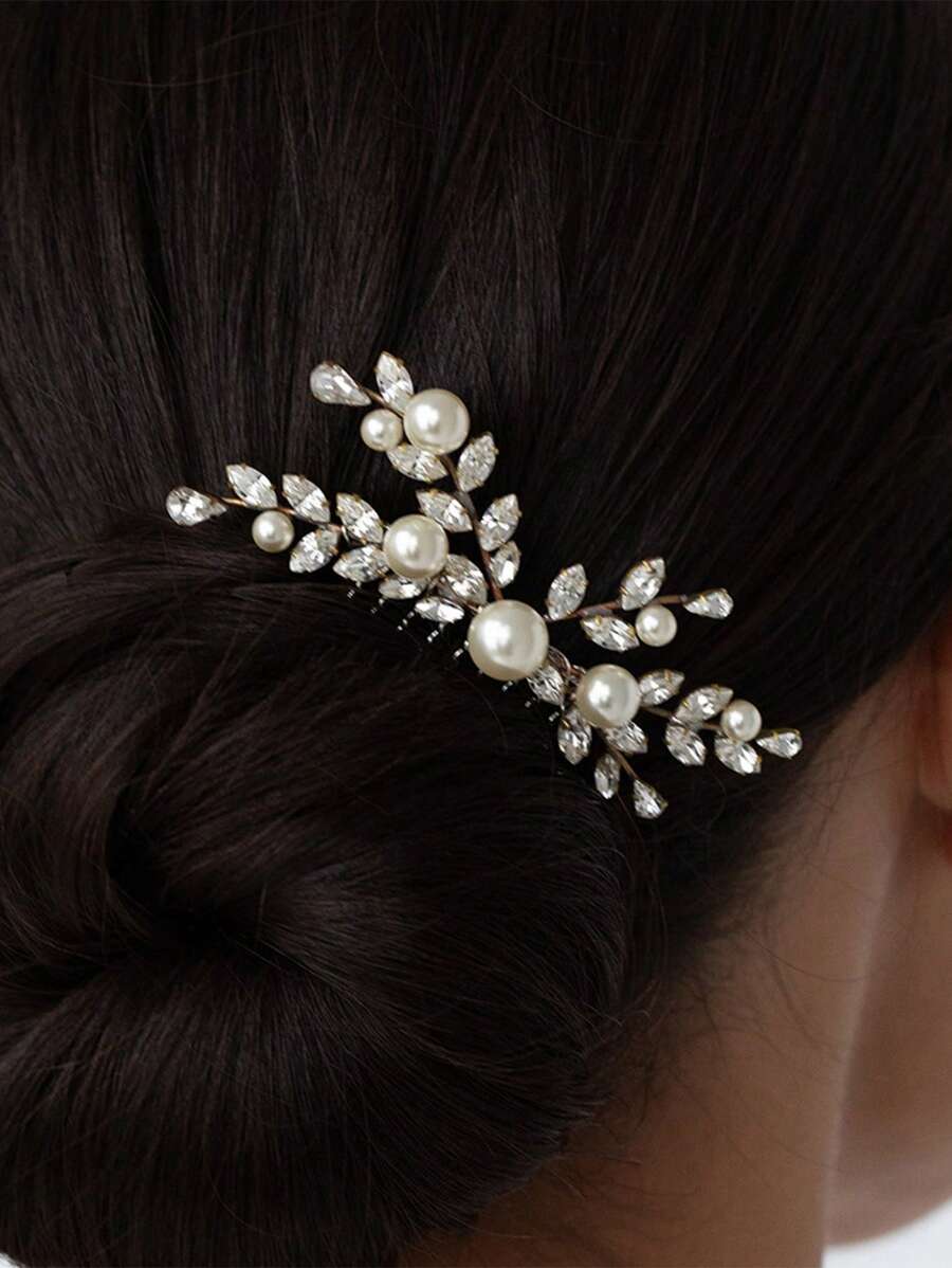 1pc Premium Crystal Zirconia Hair Comb, Elegant Pearl Headpiece For Brides, Wedding Dress Accessories