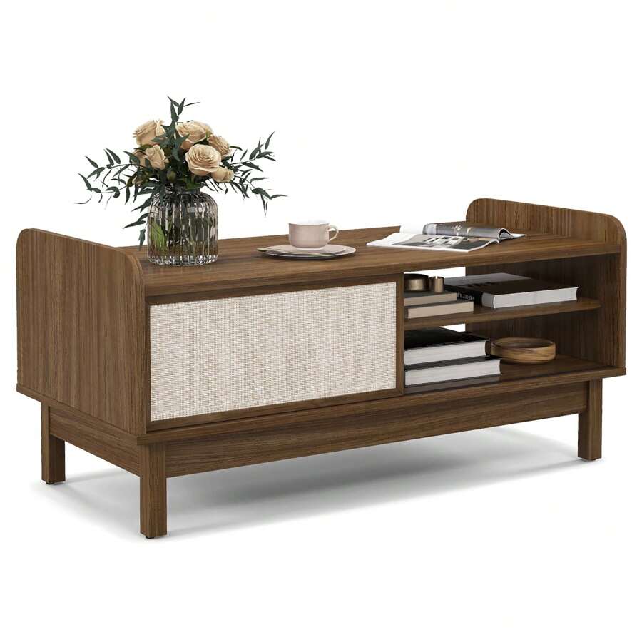 Rectangular Coffee Table W/ Storage Weaving Sliding Door & Adjustable Shelf
