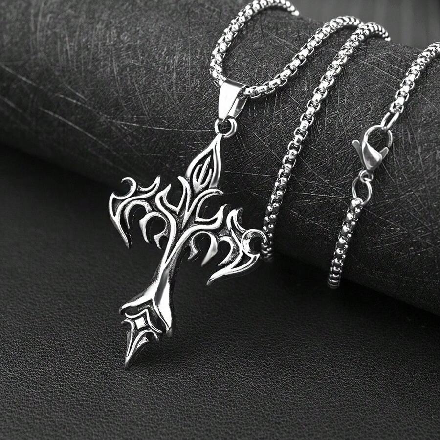 Men's Retro Fiery Cross Pendant Necklace With Fashionable And Cool Design, Suitable For Both Men And Women. Classic Jewelry, Clothing Accessories, Holiday Gifts