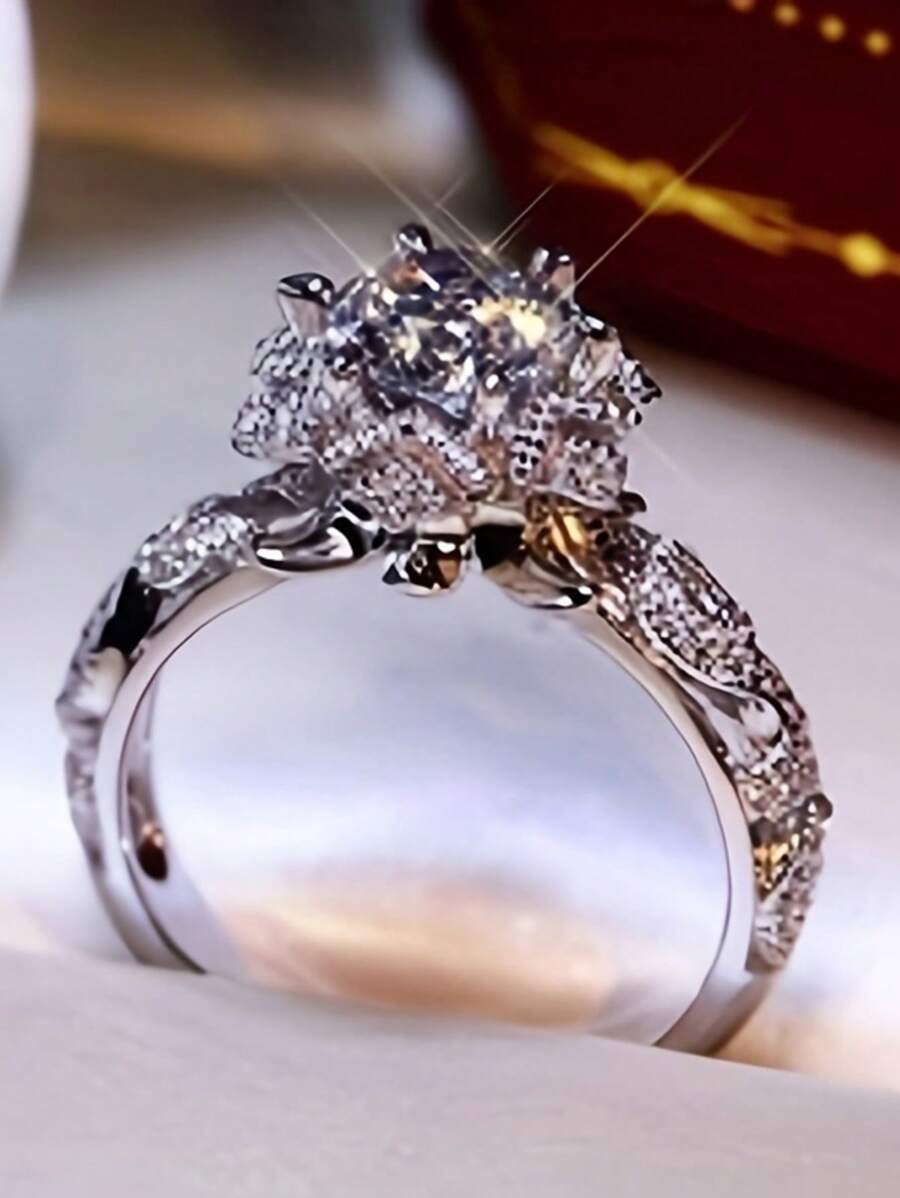 1 pieza Anillo de compromiso de boda de lujo para mujer con diseño de flor de copo de nieve y rhinestones