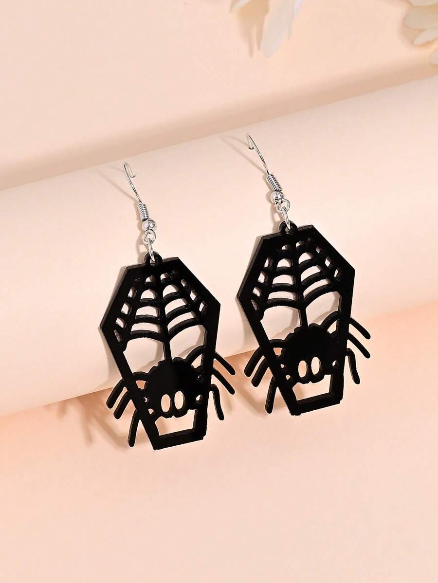 1 paar gotische donkere stijl doodskist & spin hanger oorbellen voor vrouwen, punk spinnenweb holle oorbellen voor Halloweenfeest