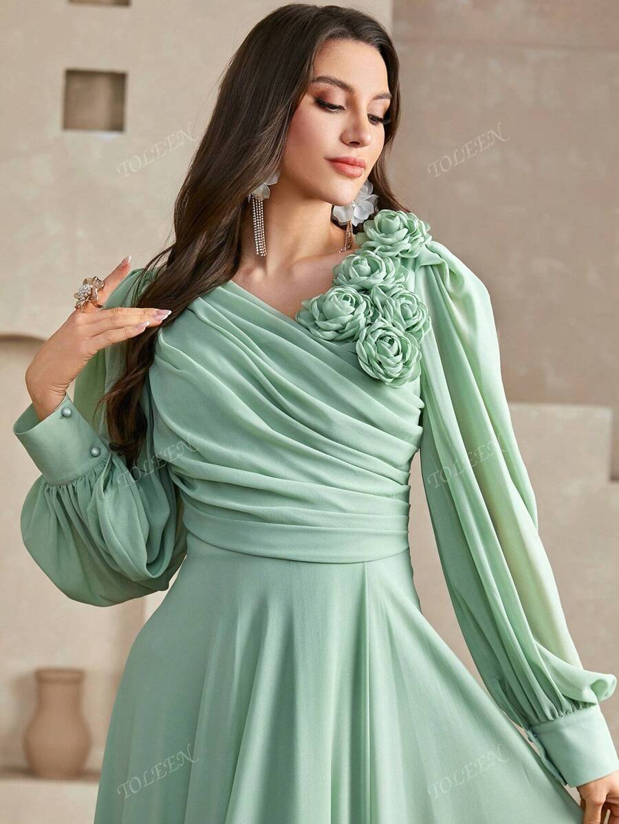 Vestido de mujer de unicolor con escote cruzado en V, plisado, manga abullonada con flor 3D