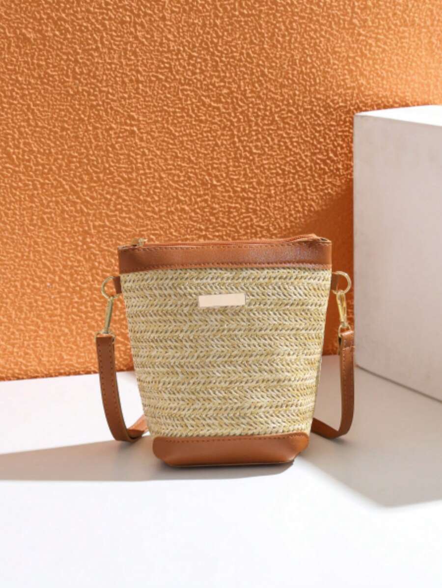 Elegante y de moda bolso de paja para mujer, nueva diseño único y sencillo de hombro/bandolera trenzado tipo cubo