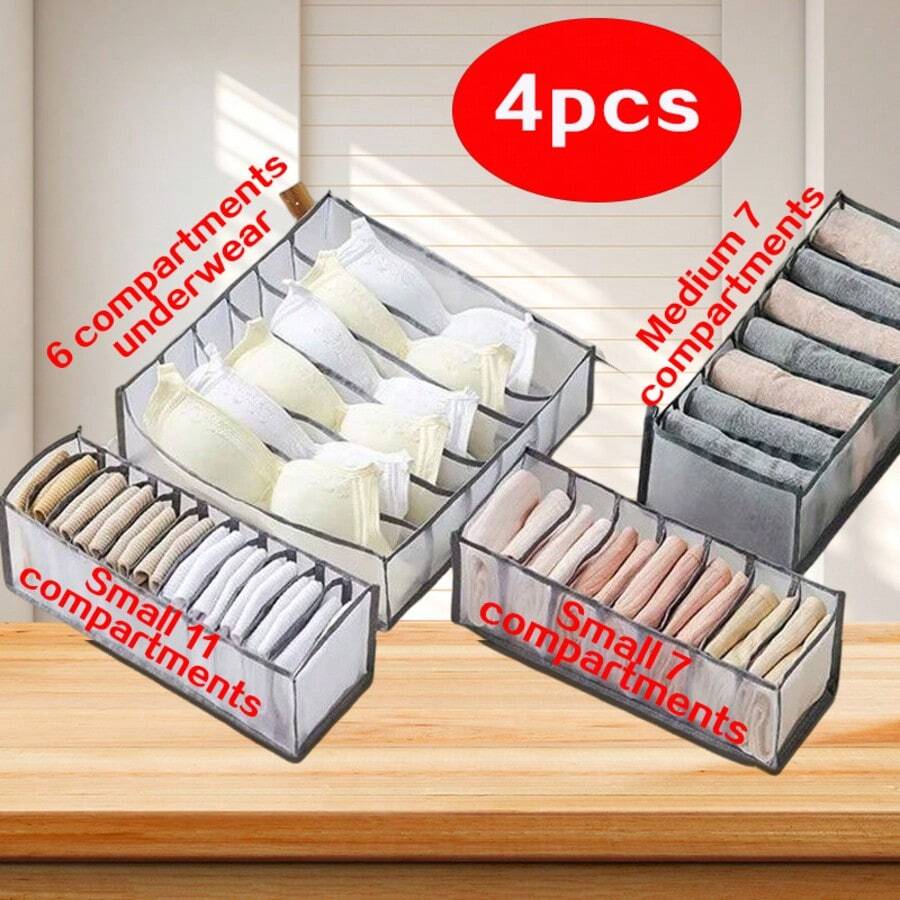 4 pièces/set Organisateurs de tiroir à cloison grillagée : sacs de rangement pour sous-vêtements, chaussettes, shorts, chemises