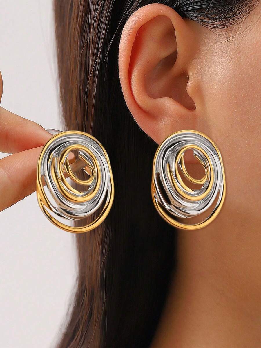 High-End Two Tone Earrings Mix Silver Color And Gold Color Stainless Steel Oval Line Stud Earrings Exaggerated Gold Color Party Earrings Women Simple Jewelry Accessories