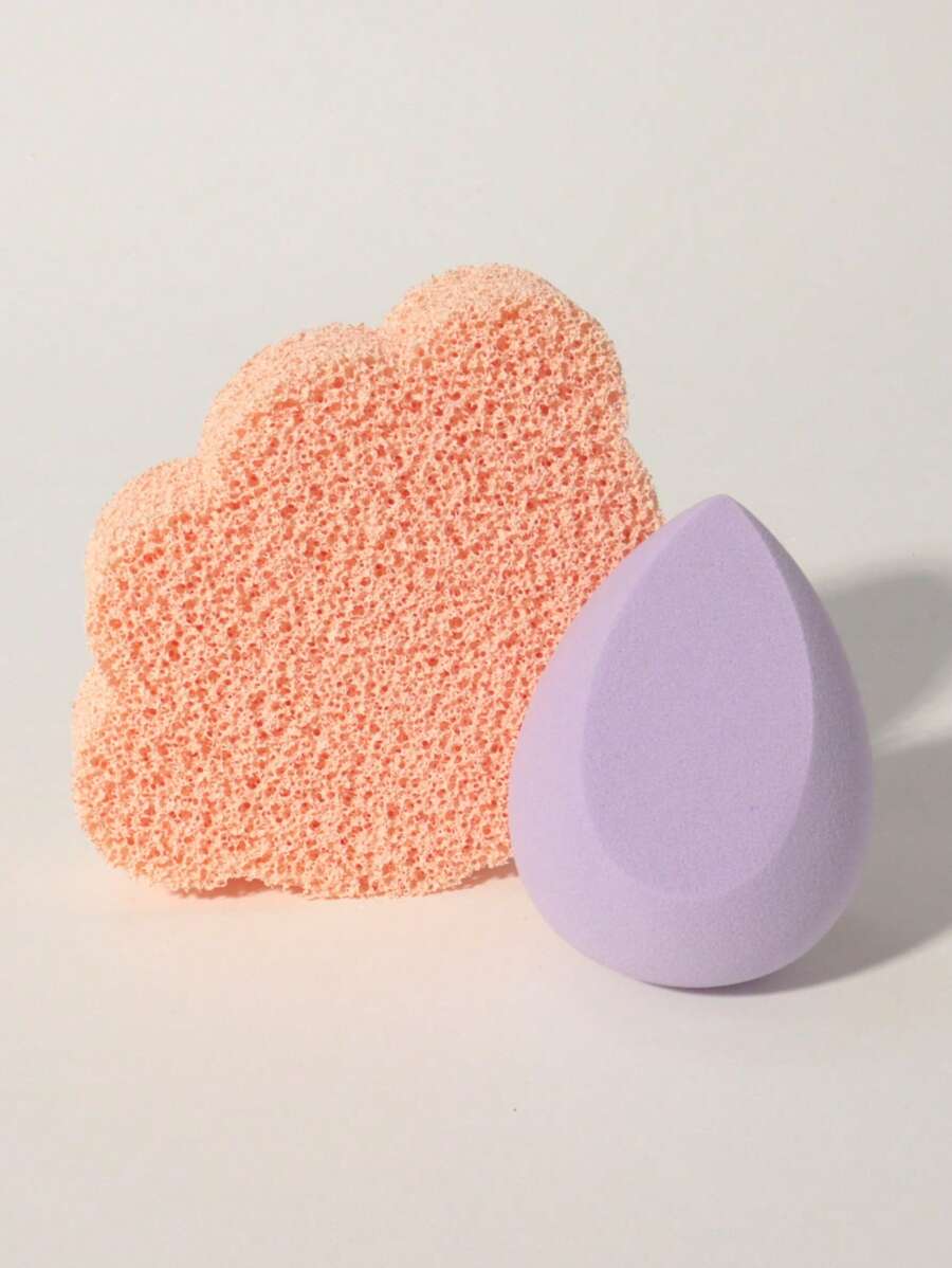 2pcs Dry/Wet Makeup Sponges Set, Includes Facial Cleansing Puff + Water Drop Angled Makeup Sponges, Reusable & Washable, Suitable For Powder, Liquid, Setting Makeup, Smooth Application For Both Men And Women, Portable Daily Essential & Travel Necessity
