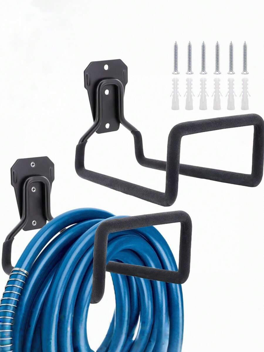 1 pieza Soporte para manguera de jardín, carrete de manguera resistente, soporte para manguera montado en la pared para interior/exterior, ganchos de metal duraderos para el almacenamiento de mangueras de jardín, capacidad máxima de 154 libras - Negro