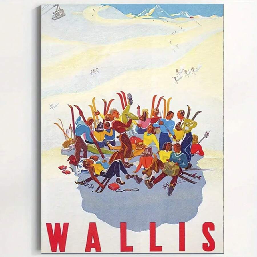 Framed Vintage Wallis Skiing Poster Reproduction, High-Quality Canvas Wall Art For Home Office Decor, Perfect For Room Decor