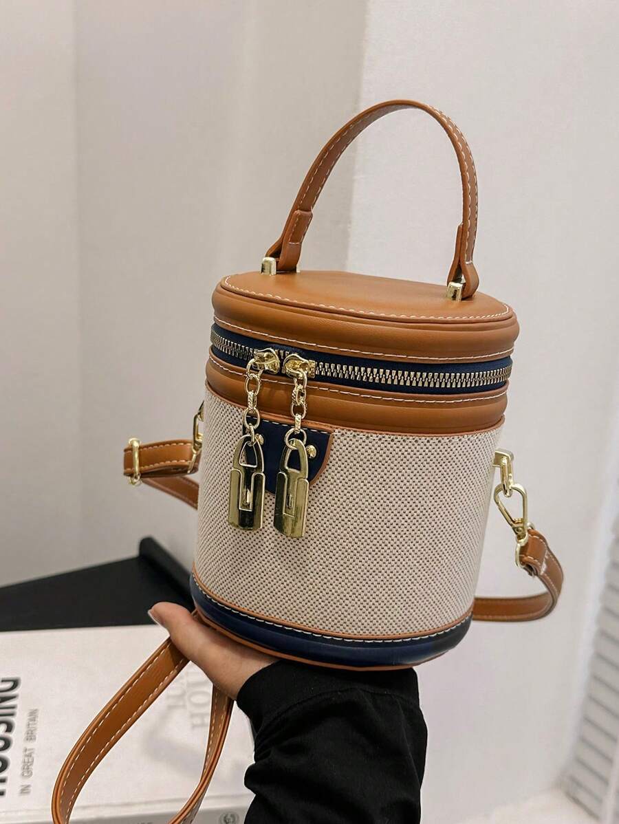 Mini bolso tipo cubo retro redondo - Contraste de color vibrante, diseño de bandolera elegante - Bolso cilíndrico versátil para un estilo moderno