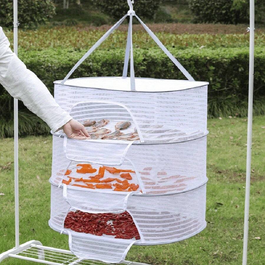 1 st. Opvouwbaar Droogrek voor Buiten, Multifunctionele Polyester Voedseldroger Met Deksel, Draagbare Hangende Gaaskooi Voor Vis, Groenten, Geen Elektriciteit Nodig, Veilig Voor Voedselcontact