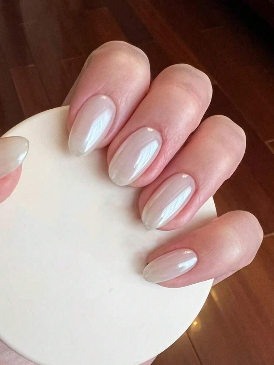 Instantly Upgrade Your Look With 24pcs Medium Oval French Style Simple Daily Classic Solid Color White Laser Full Cover Fake Nail Kit For Women And Girls