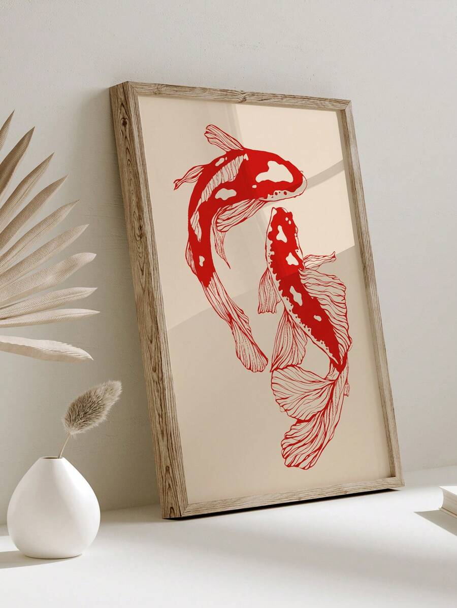1 pieza Cuadro de arte de pared con carpa roja afortunada, pintura moderna, carteles de animales, imagen colgante, decoración estética mural de Año Nuevo, decoración de pared de restaurante sin marco