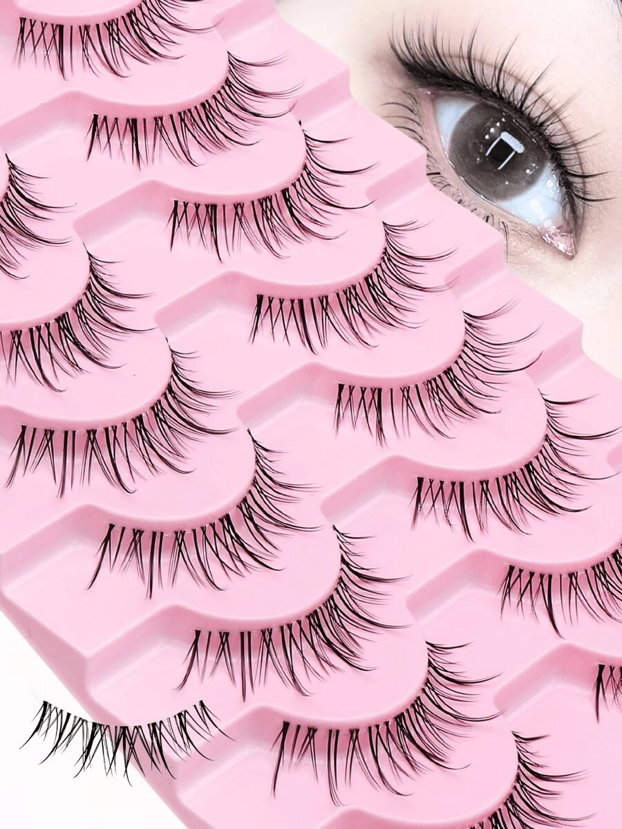 10 paar manga-stijl natuurlijke krul transparante tak nepwimpers, 0,6-1,2 cm gemengd lengteontwerp, lichtgewicht criss-cross pluizige Thaise make-up wimpers, schattige meisjesstijl, geschikt voor dagelijks gebruik, date night, feest, reismake-up, beginnersvriendelijk, geweldig cadeau voor Pasen, Moederdag, Thanksgiving, Kerstmis
