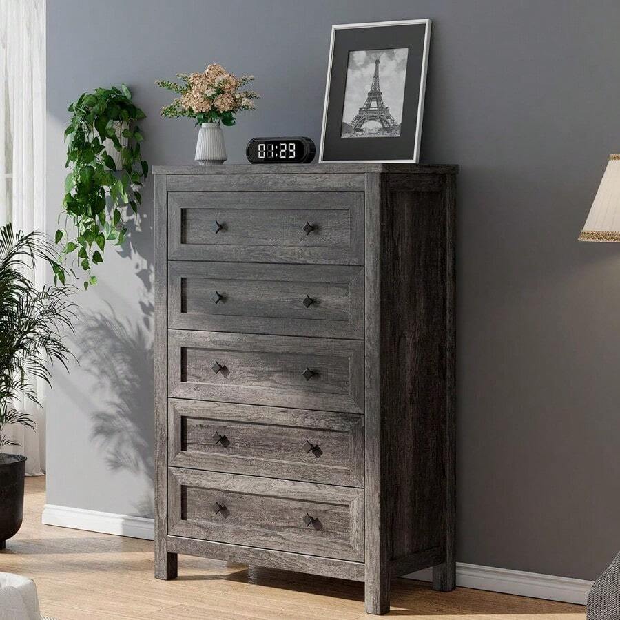 Farmhouse 5 Drawers Dresser, Wood Rustic Chest Of Drawers For Bedroom, Tall Dressers Organizer With Metal Handles, 5 Drawers Chest For Living Room, Hallway, Entryway, Rustic White