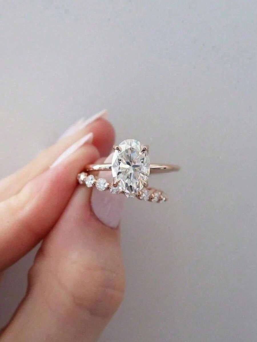 2pcs/Set Luxury Elegant Oval Shape Ring Set Inlaid Shiny Zirconia For Women Wedding Engagement Party Festival Jewelry Accessories