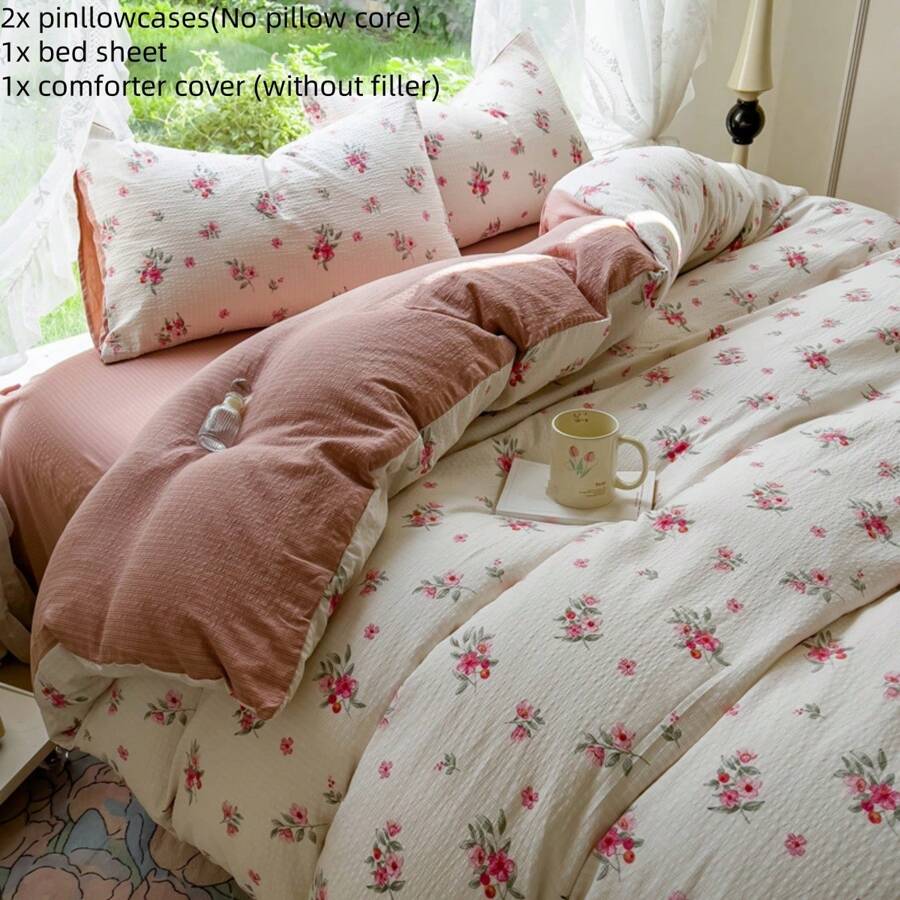 4 pièces Set de couette à fleurs ditsy fraîches - en polyester respirant, convient pour toutes les saisons, lavable en machine, fermeture éclair, comprend 1 couette, 1 drap plat, 2 taies d'oreiller - sans rembourrage, sans couette ni inserts d'oreillers, décoration de chambre, literie pour couple, lavable en machine