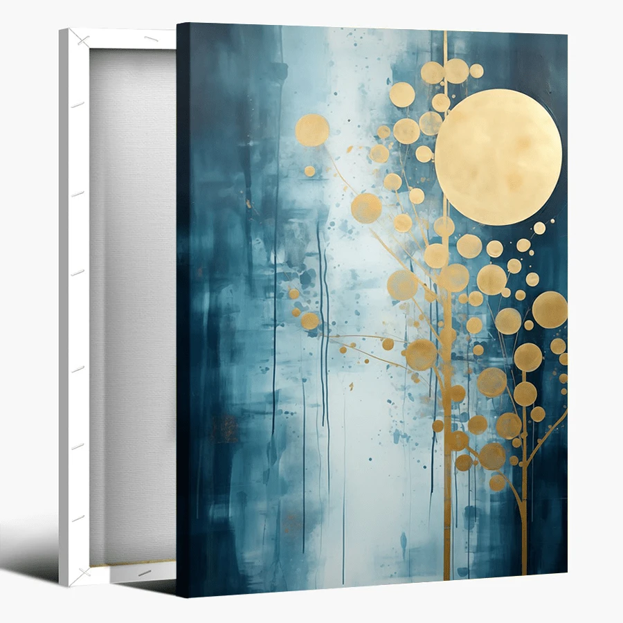 1pc Framed Canvas Poster, Blue - And - Gold - Moon - Tree - Abstract Wall Art Canvas Paintings, Ideal Gift For Bedroom Living Room Corridor, Wall Art, Room Decoration