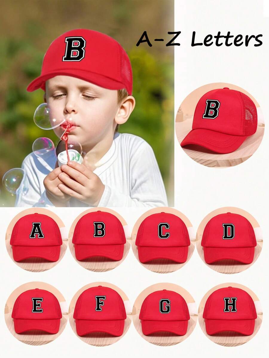 1pc Kids A-Z Letter Design Mesh Snapback Trucker Hat, Sun Protection Outdoor Headwear, Suitable For Spring/Summer, Holiday Gift