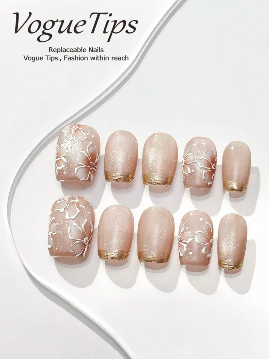 10 pezzi di unghie finte a forma di ovale corto XS/S/M/L, di alta qualità, con motivo a fiori di ciliegio, bianco puro, con gemme decorative per decorazione unghie, realizzate a mano