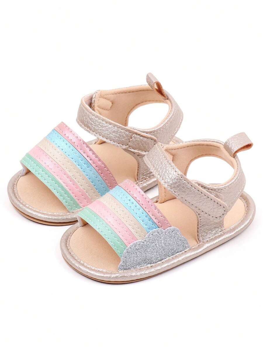 1 Pair Of Baby Sandals, Pu Leather Material, Lovely Rainbow Stripe Pattern Design, Suitable For Indoor And Outdoor Slip-Resistant Learning To Walk, Soft Flat Shoes For Infants.