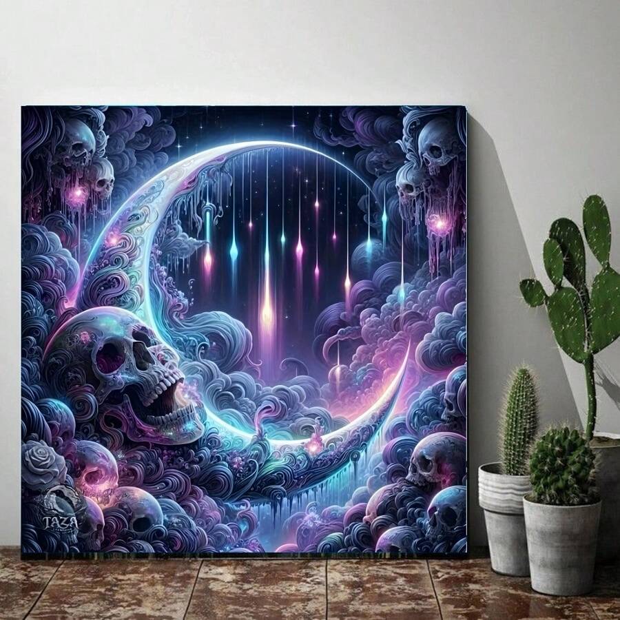 Set fai da te per dipinto a mosaico di diamanti 5D con disegno di luna e teschio, arte gotica, pittura ad olio acrilica, arte del cielo stellato, decorazione domestica, regalo
