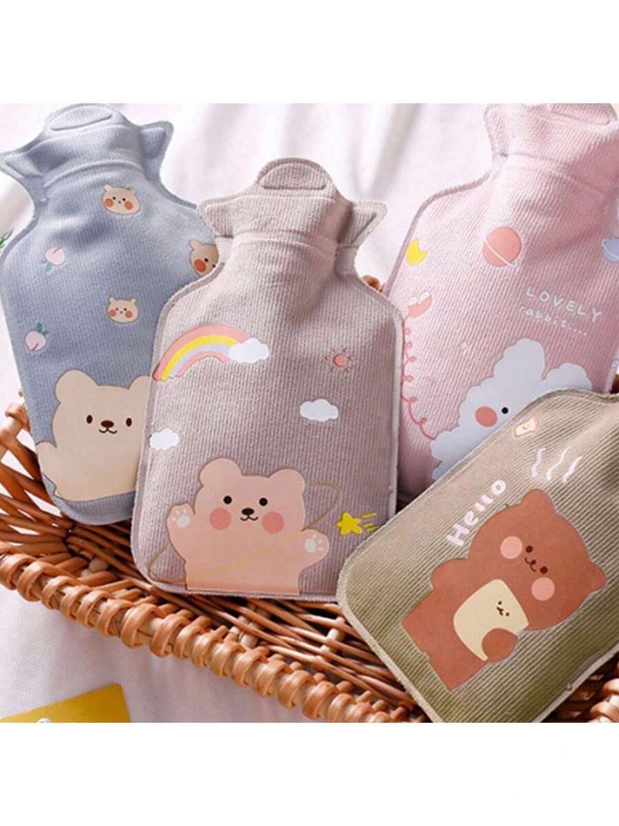1pc Cartoon Print Water Injection Hot Water Bottle, 300ml, Flocked PVC Material