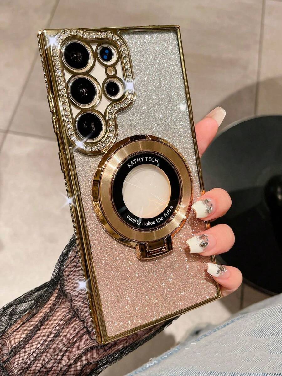 1pc Luxury Plating Gradient Glitter Diamond Stand Holder Phone Case Compatible With Samsung S24 S25 Ultra S24 Plus S23 Ultra S22 Ultra S23 A15 A55 Wireless Charging Camera Protective Shockproof Cover