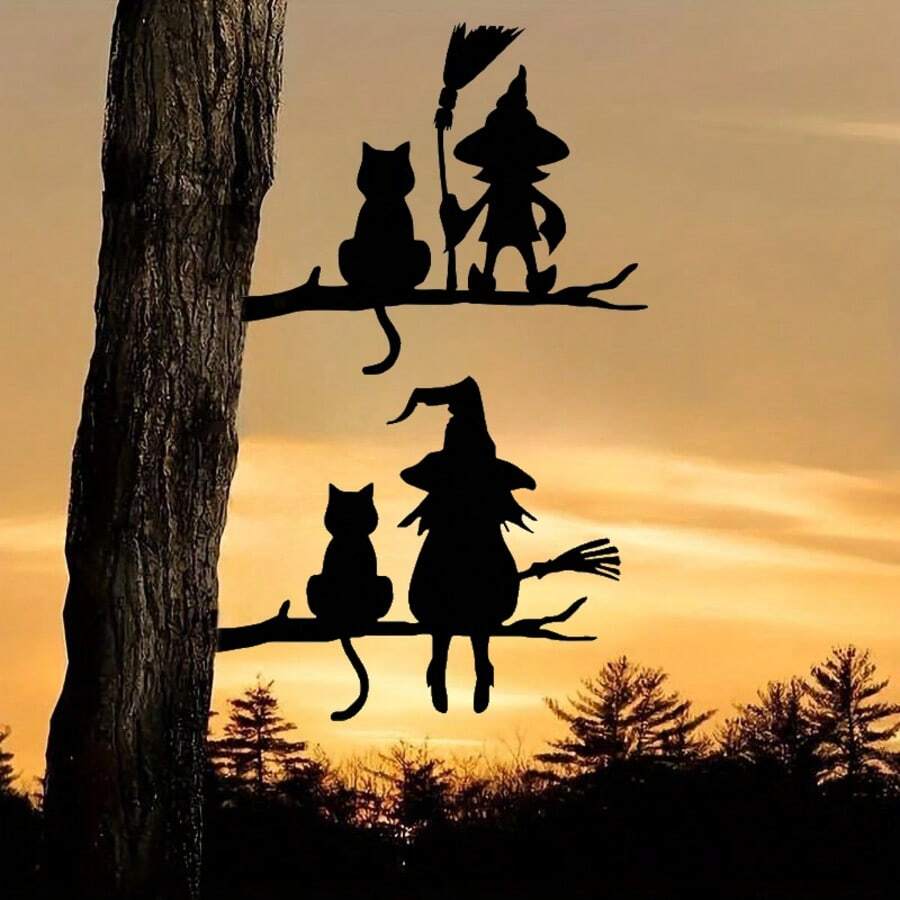 Decoración de pared de silueta metálica - Bruja y gato, adecuada para decoración del hogar, jardín y patio | Regalo ideal para cumpleaños y inauguración de la vivienda