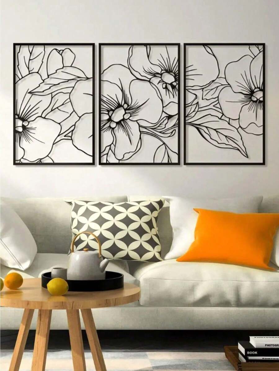 Set de 3 piezas de arte de pared de plantas y metal negro - Decoración moderna para el hogar, acentos festivos, arte de pared elegante