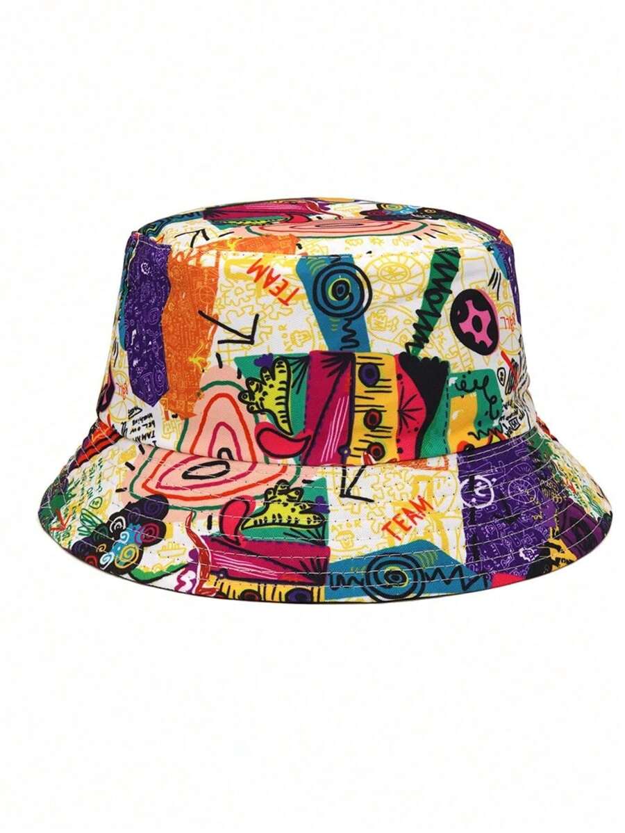 1 pieza Sombrero de cubo reversible con estampado aleatorio para hombres, sombrero de ala ancha transpirable que protege del sol