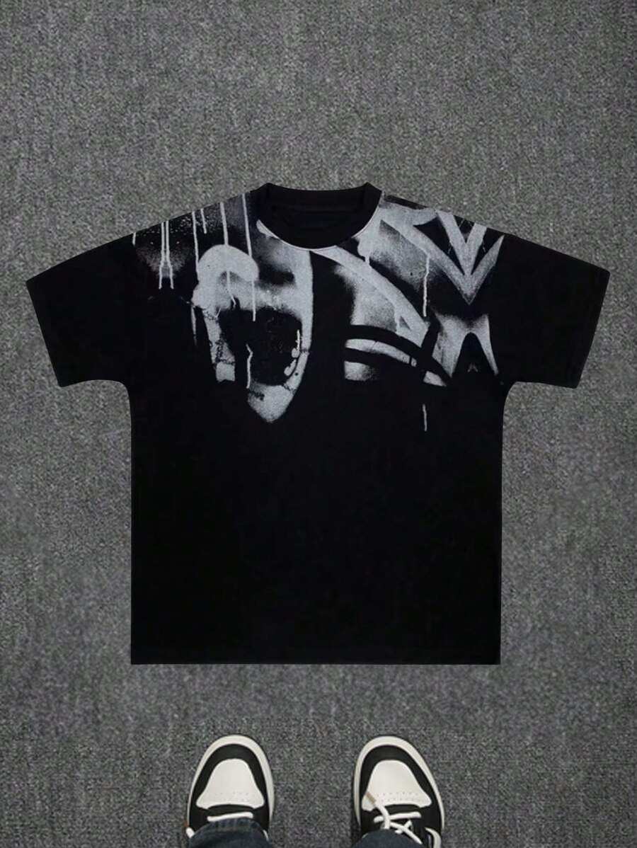 Black Graphic Print Round Neck T-Shirt, Men's Simple, Sports, Casual, Loose, Short Sleeve Top For Summer
