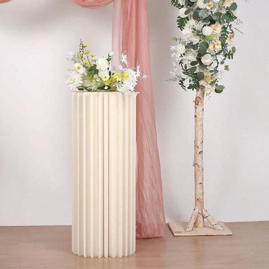 Efavormart 40" Ivory DIY Accordion Cylinder Cardboard Folding Pillar Pedestal Box Display Column Stand With Round Top Plate