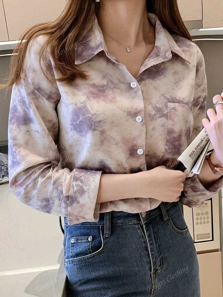 Women's Casual Tie-Dye Front Button Pocket Long Sleeve Shirt
