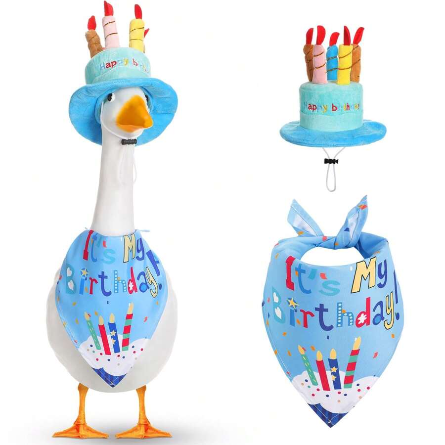 2pcs Happy Birthday Goose Outfit Porch Goose Outfits With Happy Birthday Cake Hat And Birthday Bandana Yard Goose Outfits For 23" 17" Cement Plastic Goose Duck Decorations