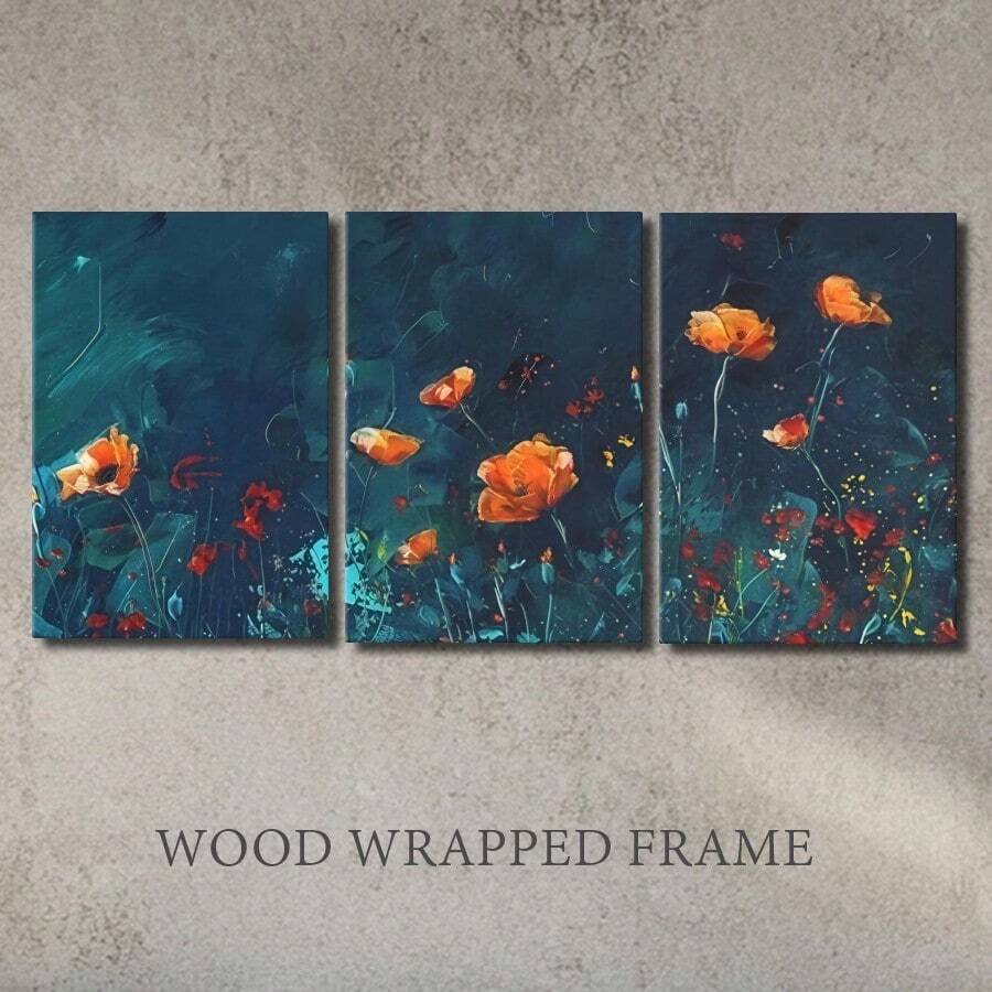 3pcs Bedroom Wall Art Framed Wall Art, Wrapped Canvas Poster Vintage Prints, Spring Red And Orange Flowers In The Water, Perfect Gift Decor, Wall Art For Living Room Bedroom Office, Hanging Hardware Included - Framed, Vertical