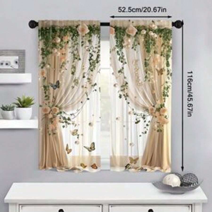 2 pièces Élégants rideaux transparents imprimés de motifs floraux, en polyester tissé, style contemporain, lavables en machine, sans tige incluse pour la chambre à coucher, le salon, le bureau