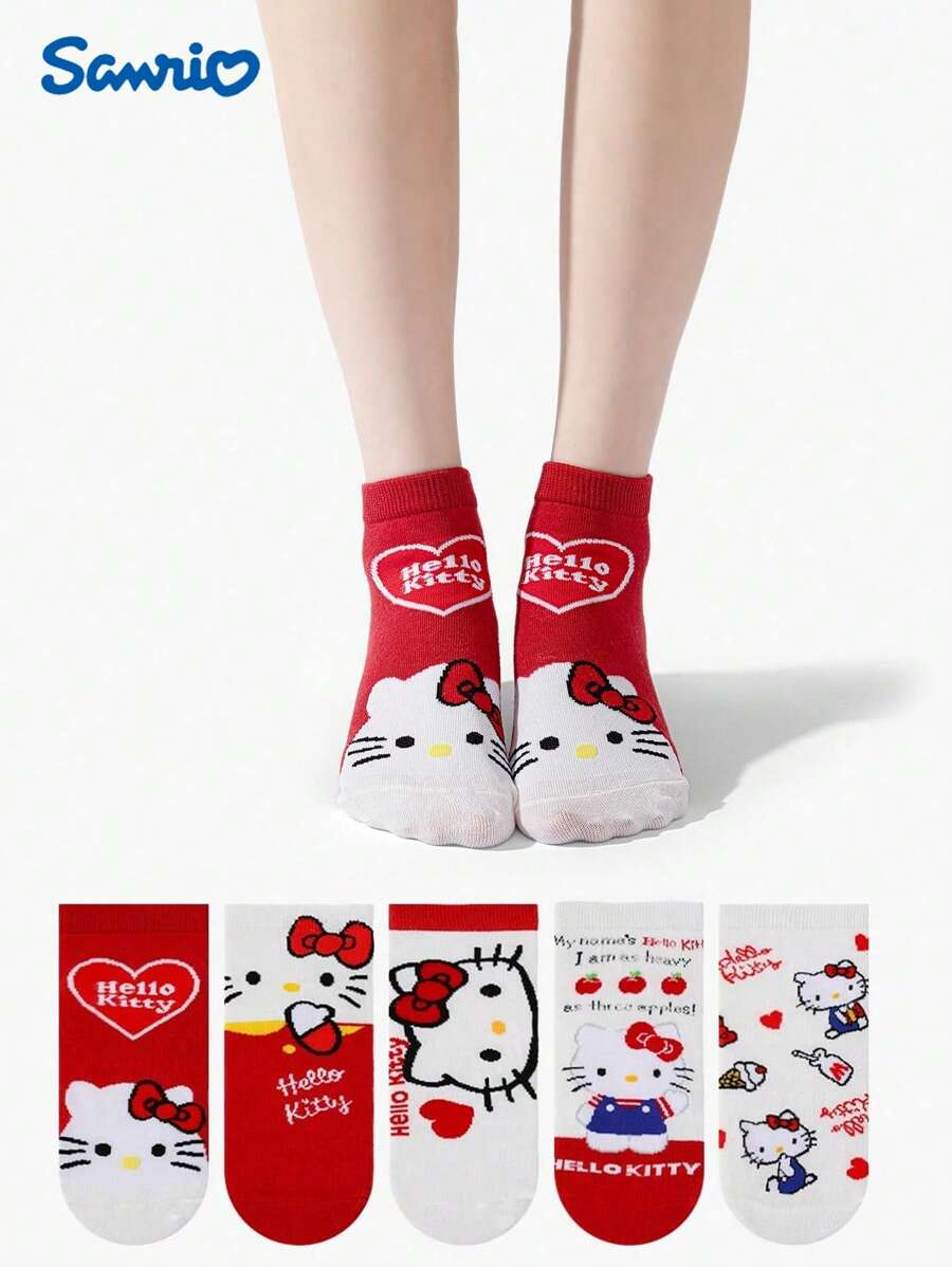 5 Peças/Pacote Meias Infantis da Sanrio HELLO KITTY, Meias Curtas Cartoon para Meninos/Meninas, Macias e Confortáveis, Casuais/Esportivas Fofas, Versáteis, Adequadas para Volta às Aulas, Feriados, Presentes e Uso Diário