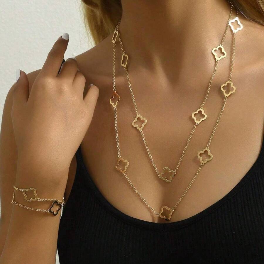 2pcs Hollow Four-Leaf Clover Pendant Long Necklace, Minimalist Versatile Sweater Chain & Bracelet Suitable For Women Everyday Wear