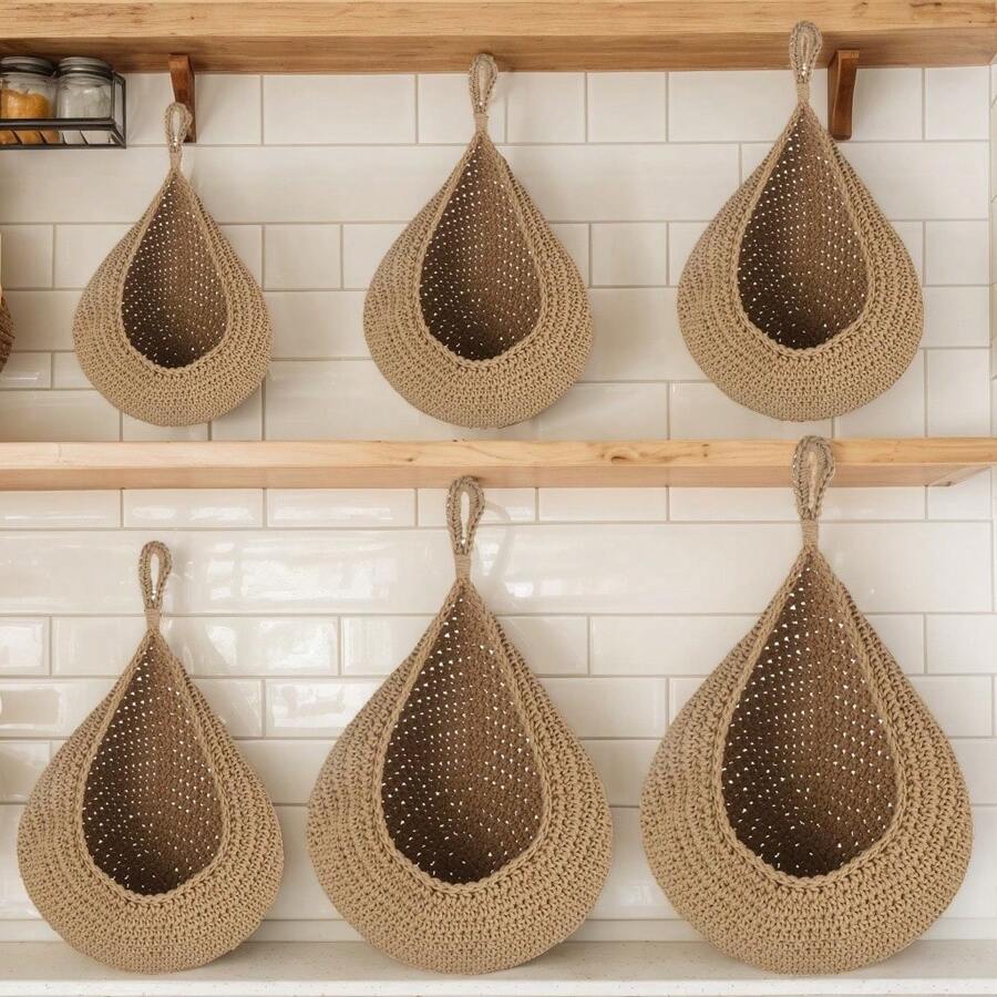 1 Stück/3 Stücke/6 Stücke, Hängende Küchenkörbchen - Boho Wandhängekorb, handgewebter tränenförmiger Obst- und Gemüsekorb für Küchenwand, Zuhause, Restaurant, Knoblauch, Gemüse Wandpflanzer, 6 Größen