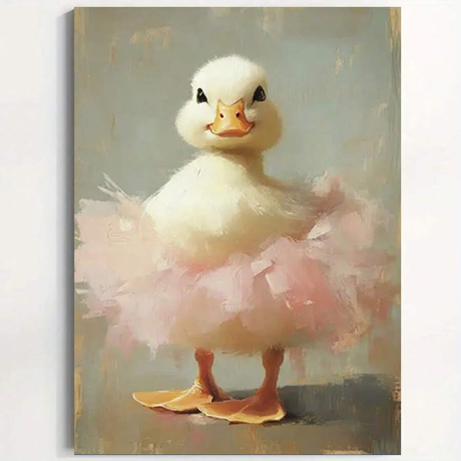 Framed Adorable Duck In Pink Tutu Canvas Art Print, Painting Style Poster, Portrait Orientation, For Bedroom, Living Room, Office, Classroom, Wall Hanging Decor, Birthday, Christmas, Valentine'S Day Gift