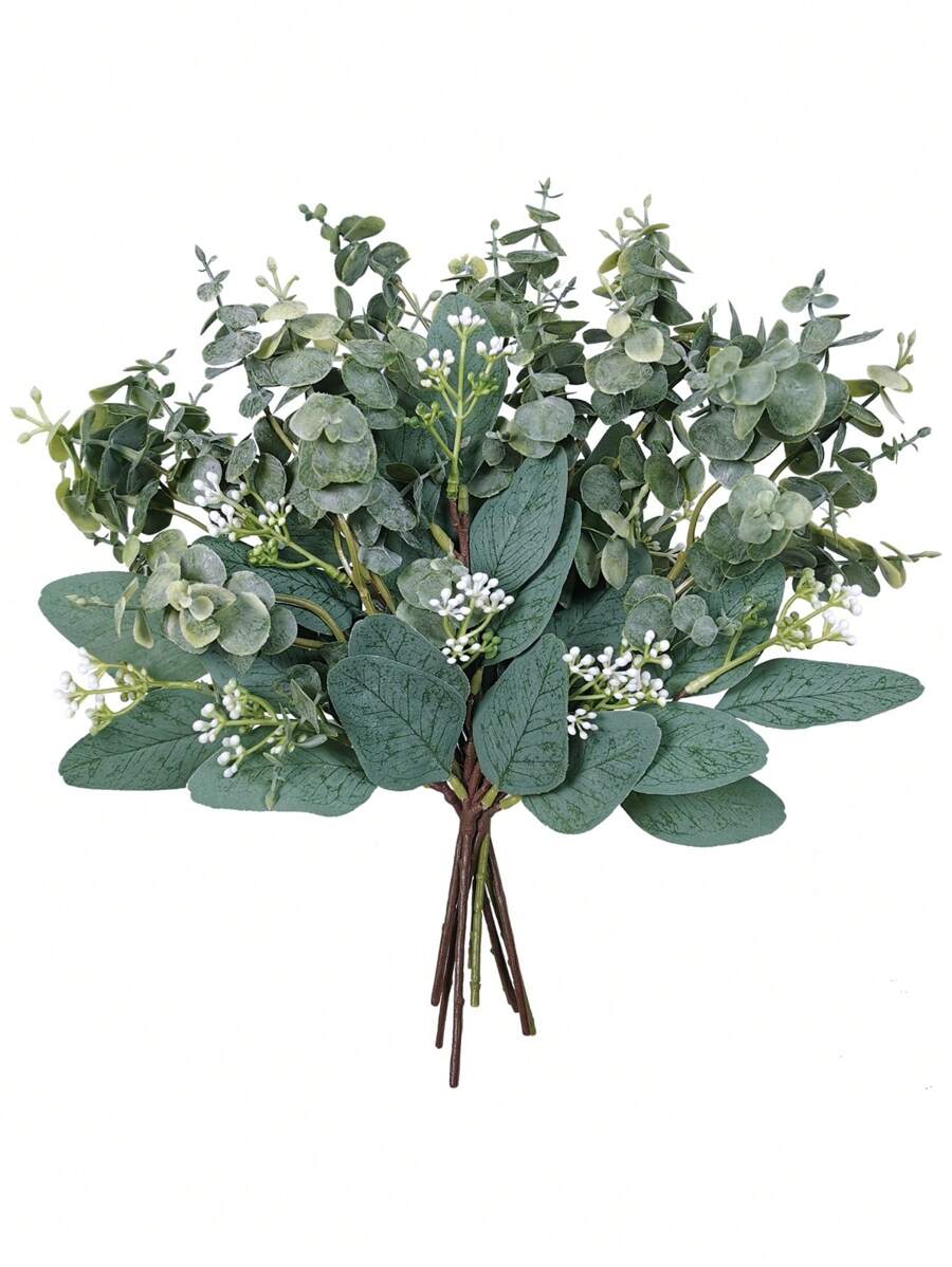 10Pcs/2Pcs Mixed Green Eucalyptus Leaves Stems, Fake Plant Room Decoration, Bulk Artificial Eucalyptus Leaves, Spray Imitation Oval Eucalyptus Leaves With White Seed Stems For Spring And Summer, DIY Wreath, Wedding Bouquet Decoration, Arrangement Wedding, Bridesmaid Hand Flower Decoration, Green Leaf Decoration