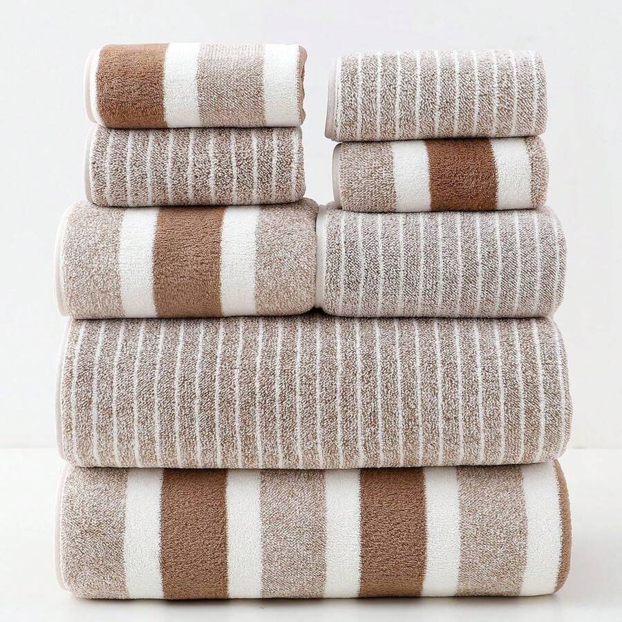 Set de 8 piezas compuesto por toallas de felpa de coral, incluye 4 toallas de mano, 2 toallas y 2 toallas de baño, un conjunto de toallas y toallas de baño suaves y absorbentes a rayas para baño, hotel, hogar, cocina, jacuzzi, piscina, spa, accesorios de baño.