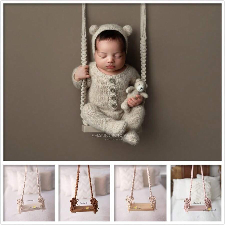 Accessori di moda per fotografia di neonati, sdraietta in legno per neonato, accessori per posa, dondolo in macrame per ragazza/ragazzo, accessori per posa fotografica