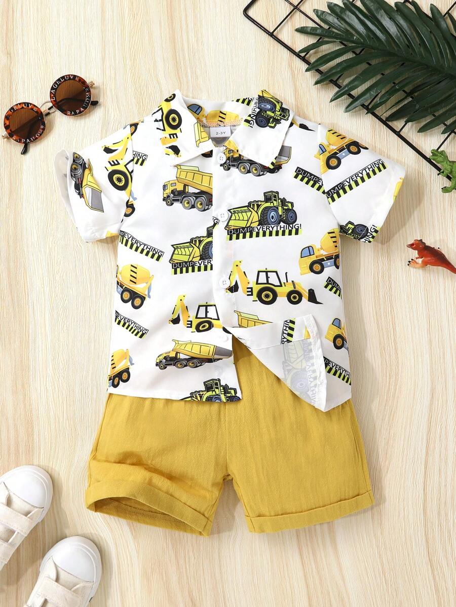 Set de 2 piezas Camisa polo de manga corta con estampado de vehículos de construcción y pantalones cortos deportivos de color liso, adecuado para uso casual, diario, vacaciones y fiestas, para niños, de algodón suave y cómodo
