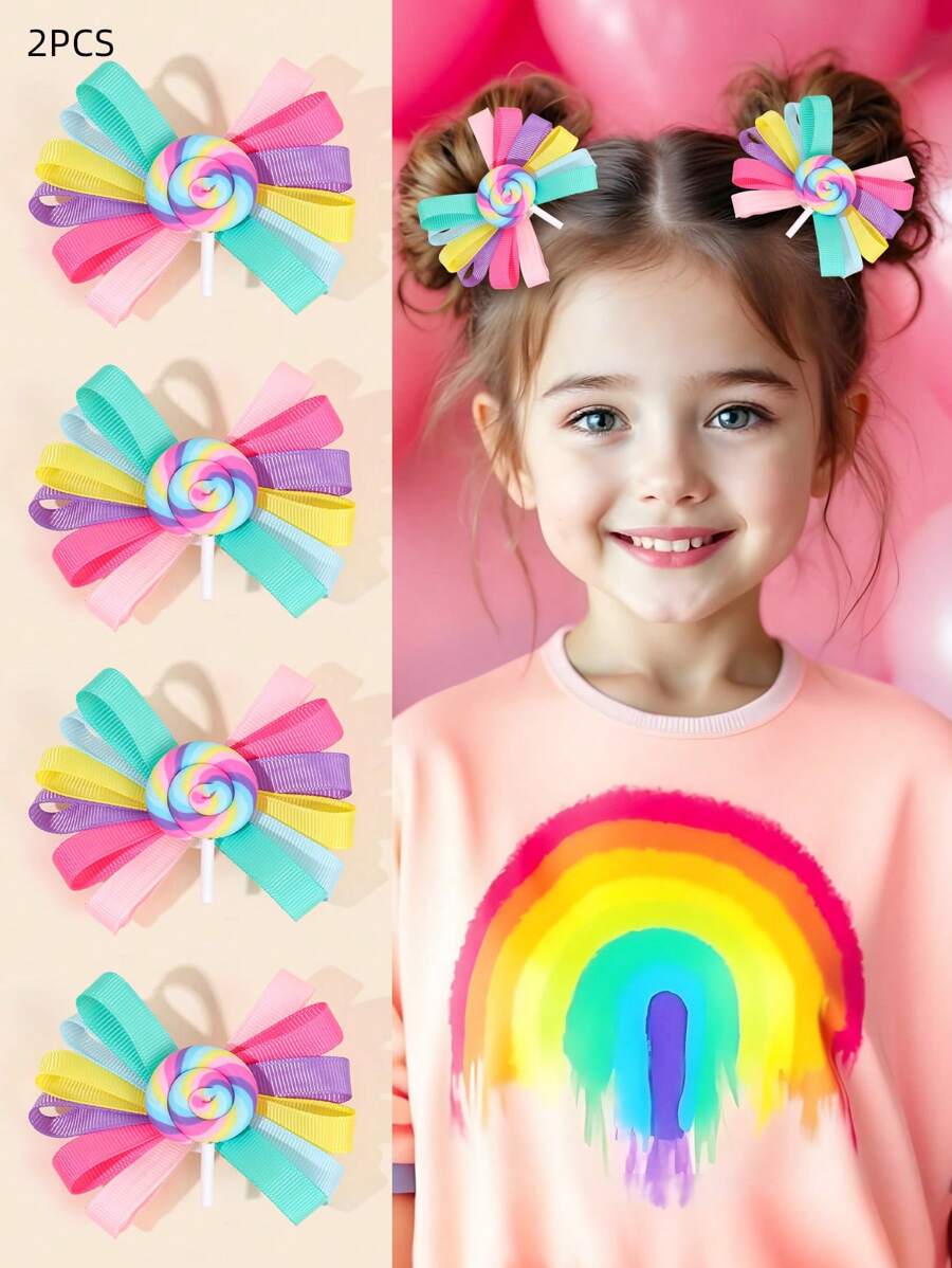 2pcs Multicolor Bows Hair Clips For Girls,Fabric Candy Decor Alligator Clips Hair Bow Clips For Kids,Fashion Hair Accessories For Toddlers Party Gifts