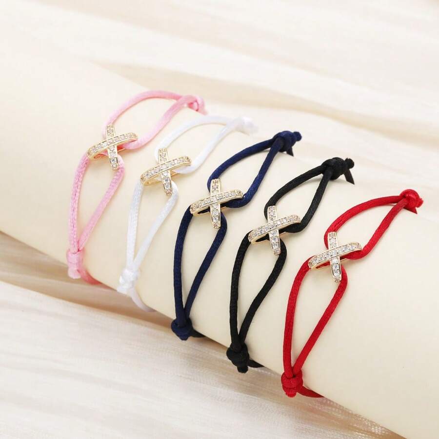 1 pieza Brazalete de acero inoxidable con pavé de rhinestones con diseño cruzado a la moda, dije dorado de la suerte para uso diario, adecuado para mujeres